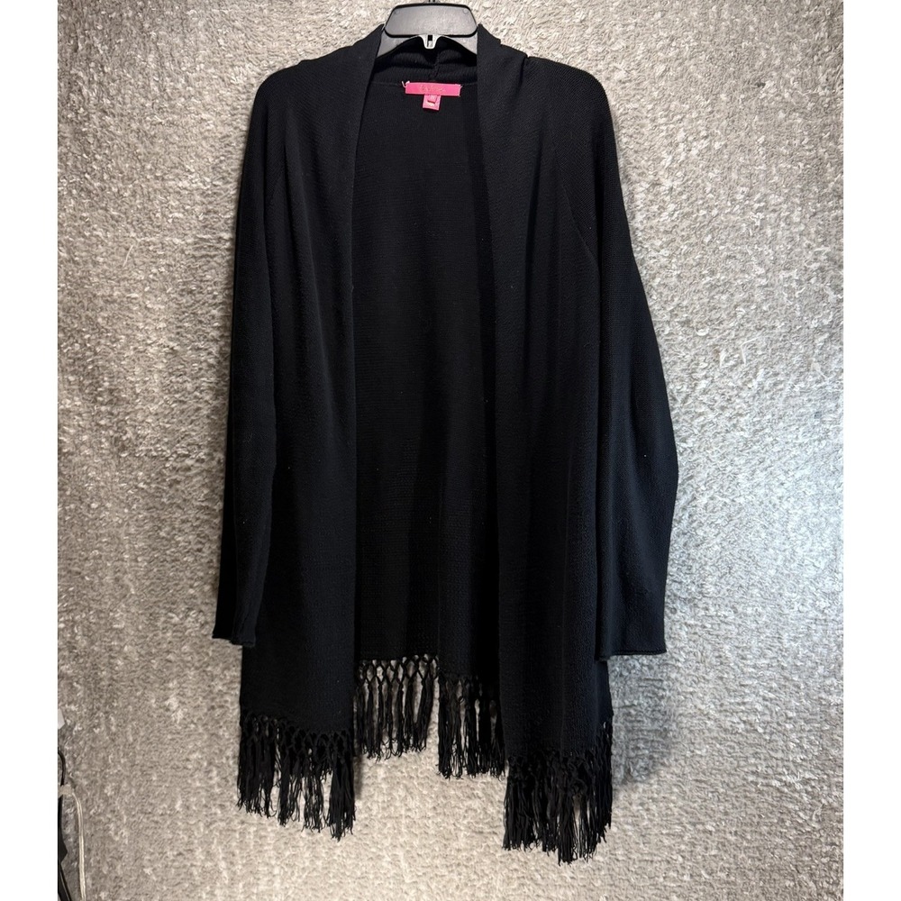 Lilly pulitzer Tatum Long Fringe Hem Cardigan Sweater M Black Cotton READ